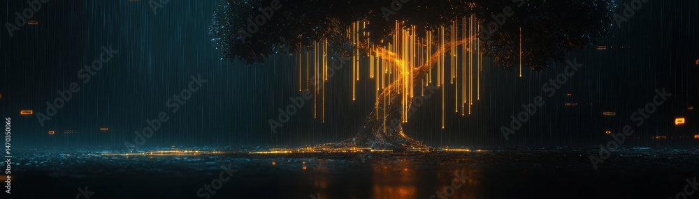 Poster A glowing tree illuminated within a simulated rain environment