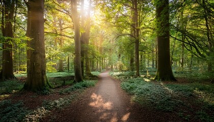 Naklejka premium a scenic forest path leads into the dappled sunlight and trees