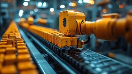 Automated industrial robot arm operating on production line with orange components and efficient assembly process