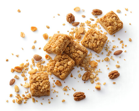 scattered granola clusters isolated white background healthy breakfast snack food