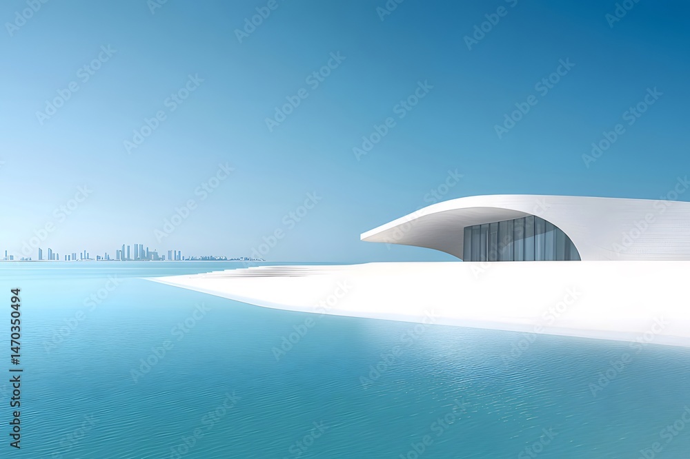Aufkleber ターコイズブルーの海に面したモダンな白いビーチ建築と都市のスカイラインの背景