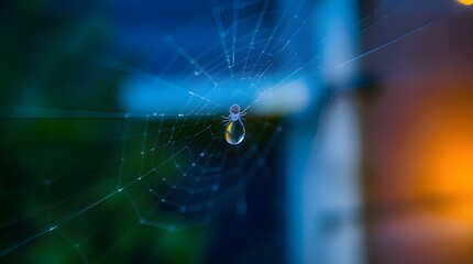 Long exposure photograph of a water droplet on a spiderweb with blue and orange hues, taken from a high-angle perspective, capturing motion or light trails, offering an elevated view looking down 
