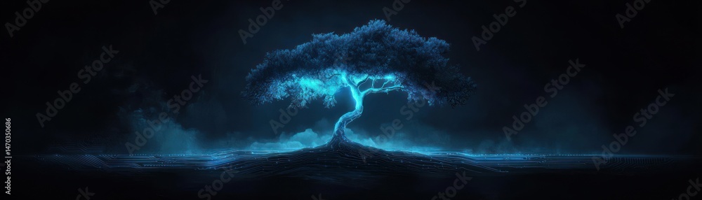 Poster a glowing tree stands in the dark with atmospheric surroundings