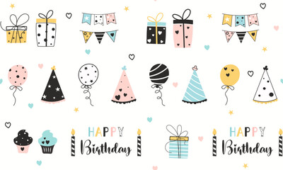 happy birthday  seamless pattern, packaging,
wrapping paper, textile, fabric, celebration, camera, hat, party, balloons, gift, decoration, gift box