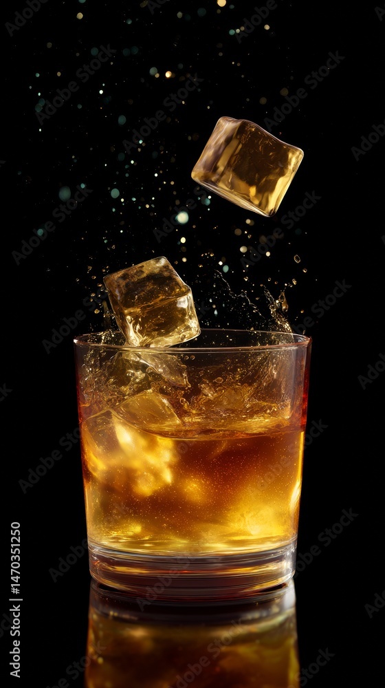 Poster a refreshing drink in a stylish glass. ice cubes splash as they land, creating a dynamic scene. perf