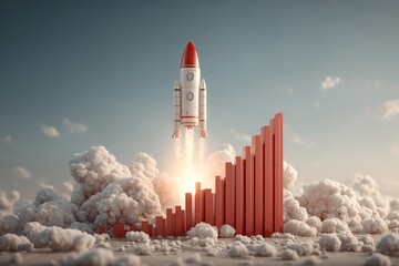 A 3D rocket taking off above increasing bar graphs represents development, corporate expansion, and the influence of creative approaches on success. Generative Ai