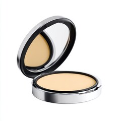 Face powder compact with mirror open on white background