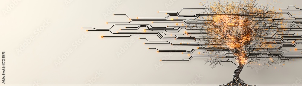 Poster A digital tree is formed by using black circuit lines and warm light