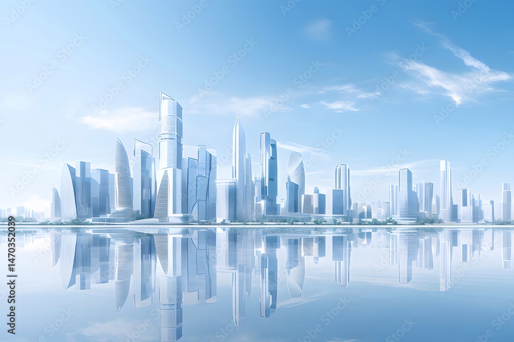 Poster 水面反射するパステルブルーの空と超高層ビルが並ぶ未来的な都市景観のパノラマ