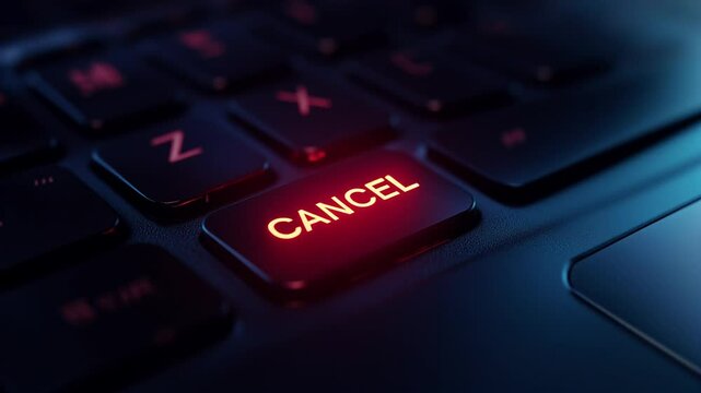 Glowing red cancel key highlighting keyboard darkness, representing digital communication's critical moments and technological decision-making tension