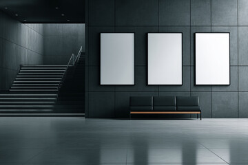 Modern interior scene showcasing three blank frames on a dark grey wall, a bench, and a staircase, offering free space for advertisement or text, ideal for mockup or presentation