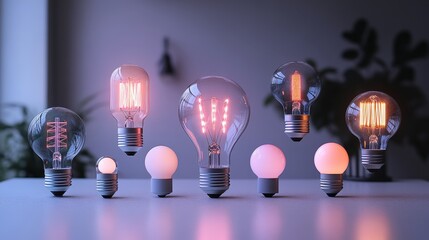 Illuminated light bulbs displayed in a contemporary setting