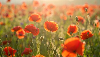 Field of red poppies under soft morning light Generative AI