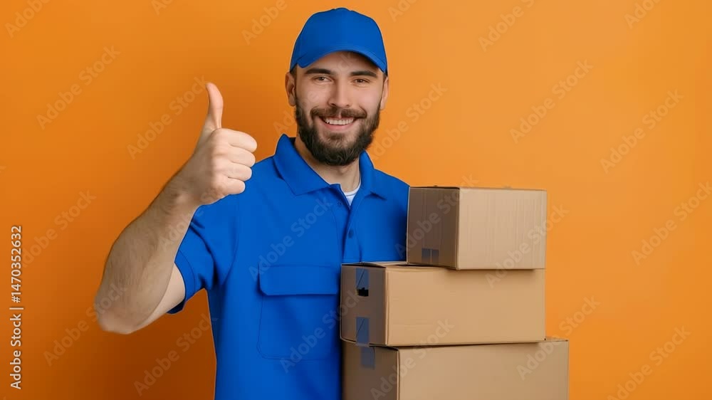 Poster This is a picture of a delivery person in a blue uniform holding a stack of boxes. He is giving a thumbs up and is smiling at the camera with an orange background in the shot.