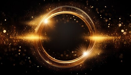 banner golden circle with particle star dust and flares on black background