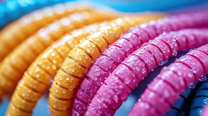 Vibrant colored water hoses with droplets in close up