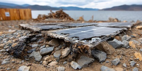 Damaged solar panels on rocky ground near a lake under cloudy sky