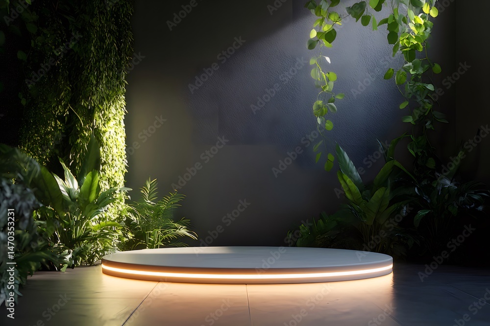 Aufkleber 白い台座と緑の植物の壁を備えた屋内ステージ照明を備えたシンプルな製品展示会場