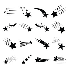 Shooting stars icon vector set.  Black shooting stars isolated on white background. Black falling stars icon. Flying comet with tail, falling meteor, abstract galaxy element. Falling and moving Star.