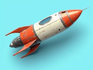 A retro-style rocket ship, orange and white, shows signs of wear and tear, angled against a light-blue background
