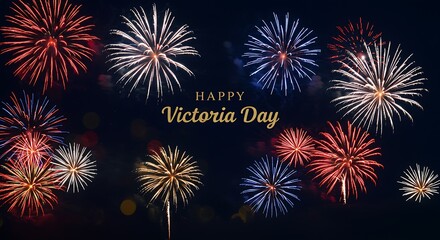 Bursting Victoria Day Fireworks Display in Night Sky: Celebrating Canadian Holiday with Vibrant Red, White, and Blue Explosions, Holiday Fireworks Festival