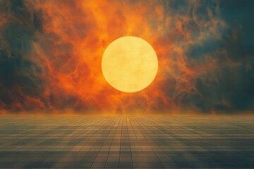 Fototapeta premium Glowing sun over tiled surface with orange and gray cloudy atmosphere view