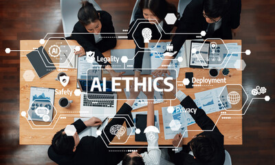 A team engages in a productive meeting on AI ethics, focusing on key aspects like legality,...