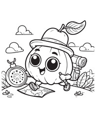 Coloring book guava wearing a hat and backpack, navigating with a map and compass. 