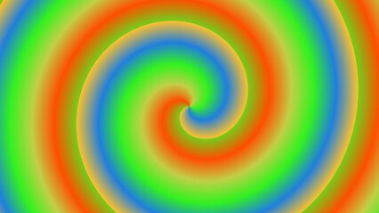 A vibrant, multicolored spiral design with concentric circles of graduating shades of orange, red, green, and blue