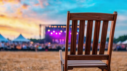 Event Program Schedule Concept, Wooden Chair Overlooking a Vibrant Music Festival Stage at Sunset with Colorful Lights and Audience in Background