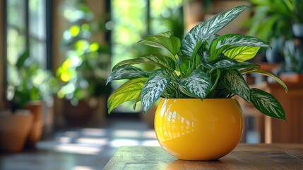 Indoor plant in yellow pot, natural light