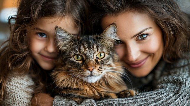 Mother and daughter with a cat