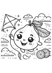 Coloring book kawaii guava soaring through the clouds with a kite,
