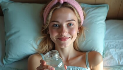 Young woman drinks water smiling lying in bed. Blond girl with pink headband, blue eyes holding glass jar, smiling on bed. Cancer awareness, beauty, health, wellness concept.