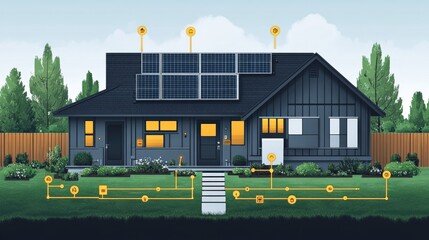 Modern home with solar panels and energy-efficient features surrounded by greenery