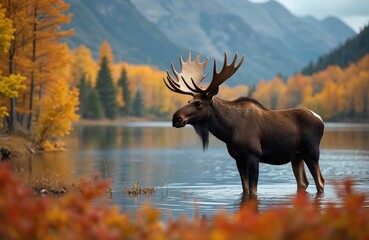 Fototapeta premium Majestic moose stands in lake with autumn foliage. Moose with antlers in water. Mountains, trees reflect in water. Beautiful landscape, fall season, wild animal. Serene, dynamic scene.