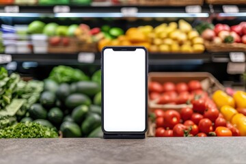 Blank phone screen at market produce on white background