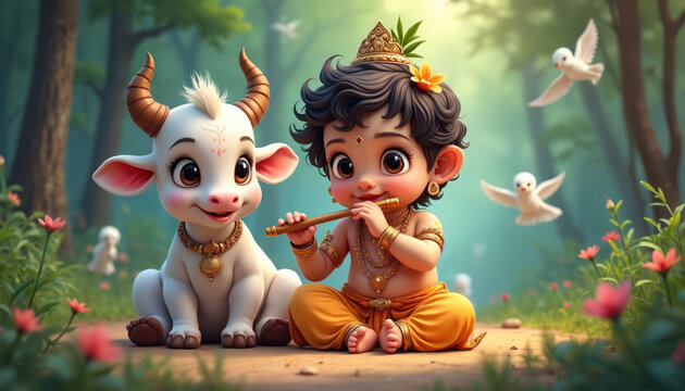 Charming illustration of baby Krishna with cow playing flute in peaceful forest. Indian god, hindu deity in traditional clothes. Symbol of love, joy, divine. Suitable for greeting cards, religious
