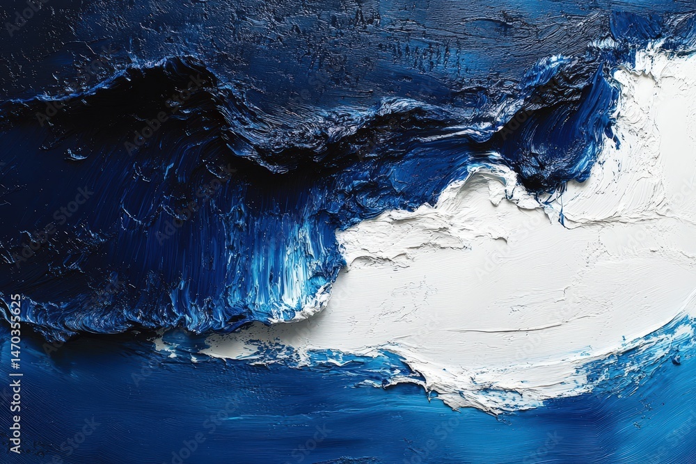 Poster symbolic composition with blue and white colors creating a striking visual impact on textured walls 