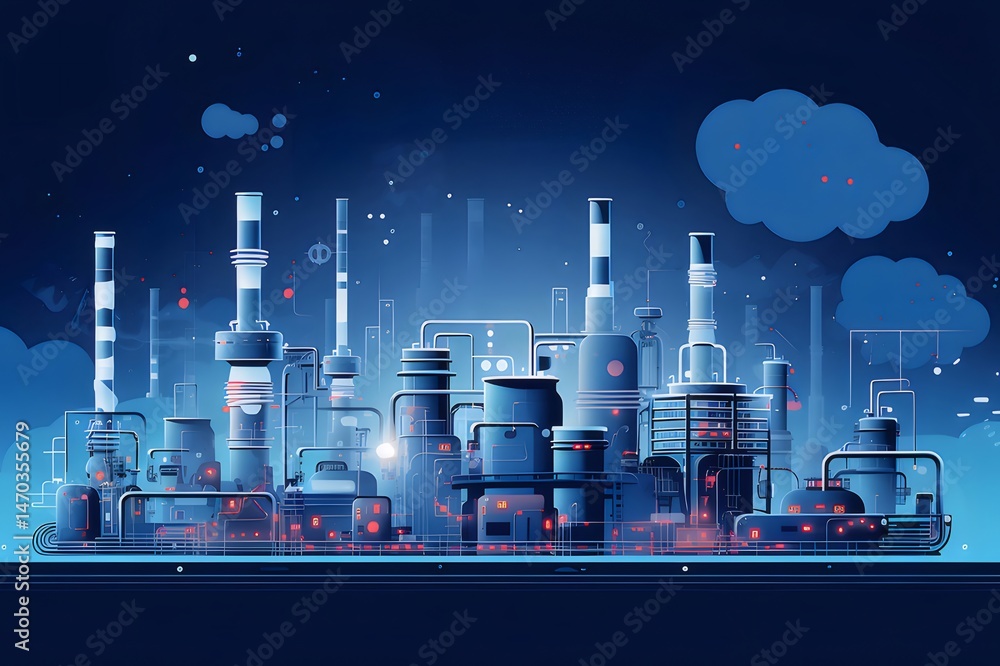 Poster 青色照明と煙突が特徴的な夜の工業プラントの風景 産業インフラの鮮やかなイラスト