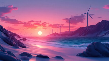 Serene sunset over a tranquil beach with wind turbines in the background, creating a peaceful scene