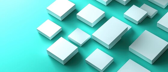 Abstract composition of white cubes arranged asymmetrically on a teal background, casting subtle shadows