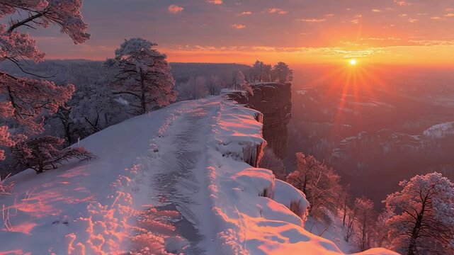 Winter sunrise mountaintop snowscape footage