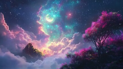 Nightly celestial landscape with luminous clouds, vibrant trees, and a mystical moon