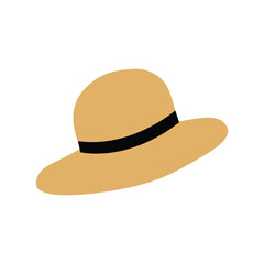 Illustration of beige sun hat with wide brim and black band on white background