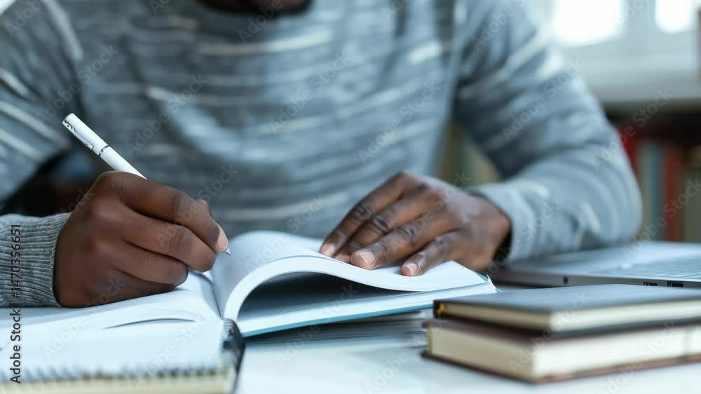 Aufkleber An individual is focused on writing in a notebook with a pen. The image captures a close-up of their hands engaged in the act of writing or taking notes, within a home or office environment.