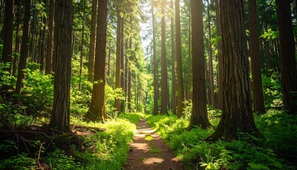 Obraz premium Forest Floor Perspective with Sunlight through