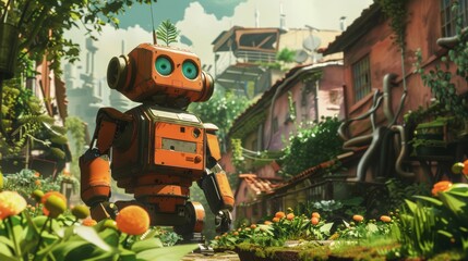 Futuristic Robot Navigating Urban Greenery: A Harmonious Blend of Technology and Nature in Modern Architecture