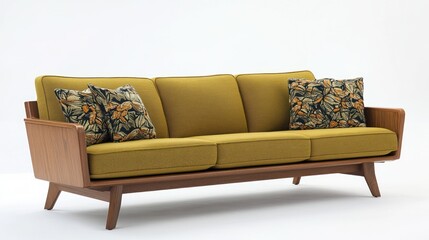 Mid-century modern sofa, mustard yellow fabric, wooden frame, studio shot, home decor