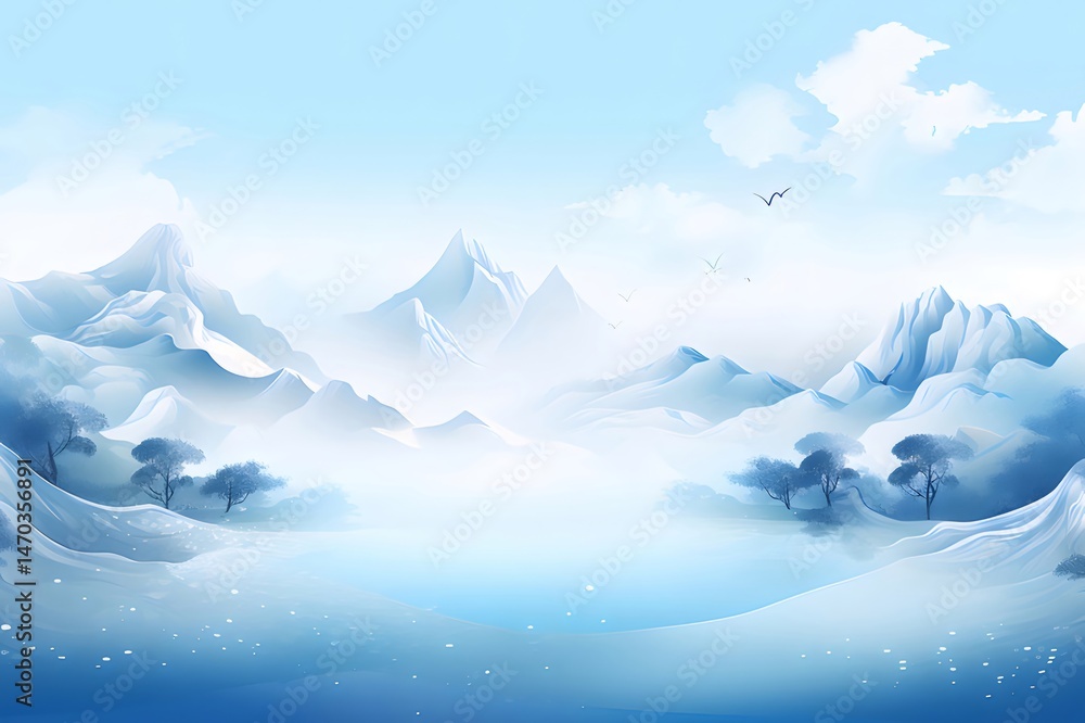 Poster 青と白の美しい冬の山の風景 夢のような雪景色 冬の休日シーズン 旅行背景